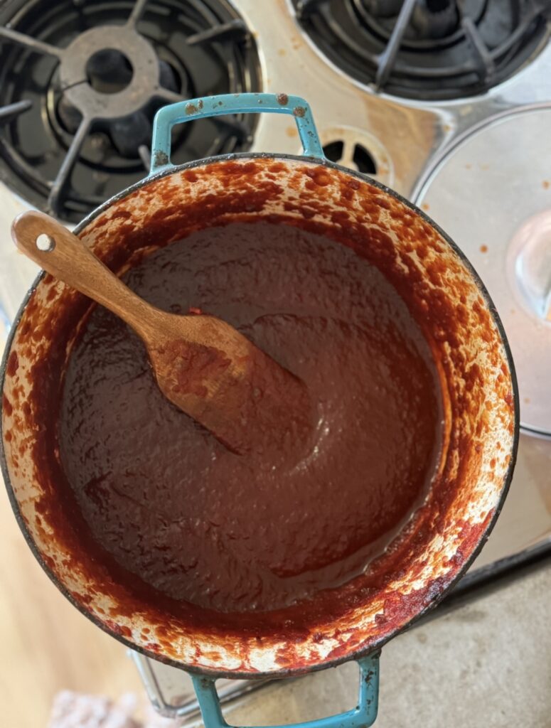Martha Stewart large blue cast iron pan filled with tomato sauce 